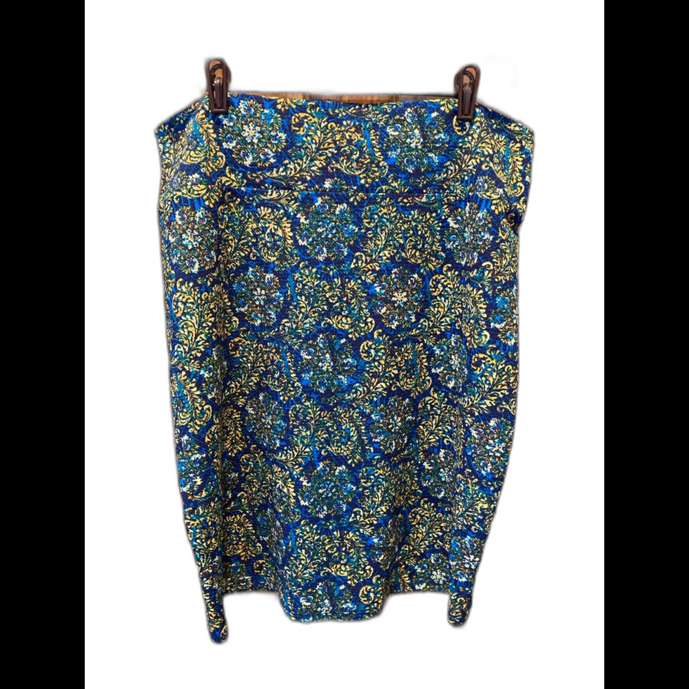 Lularoe Womens Skirt Plus Size 3XL Blue Gold Wide Waistband Stretchy Fabric‎